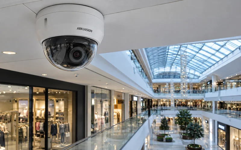 Купольная камера Hikvision в торговом зале, в кадре прилавки