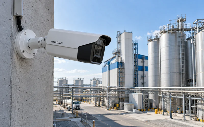 Камера Hikvision на стене цеха — видна вся площадка перед ним