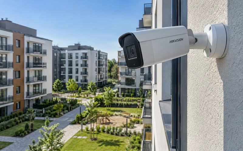 Камера Hikvision на доме смотрит во двор