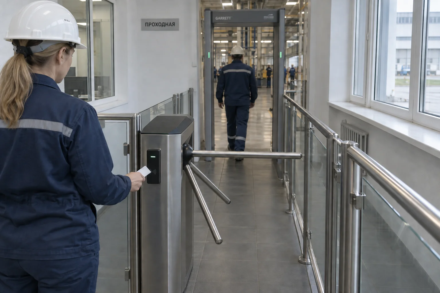 Работница прикладывает карту к турникету-триподу, сзади мужчина проходит металлодетектор