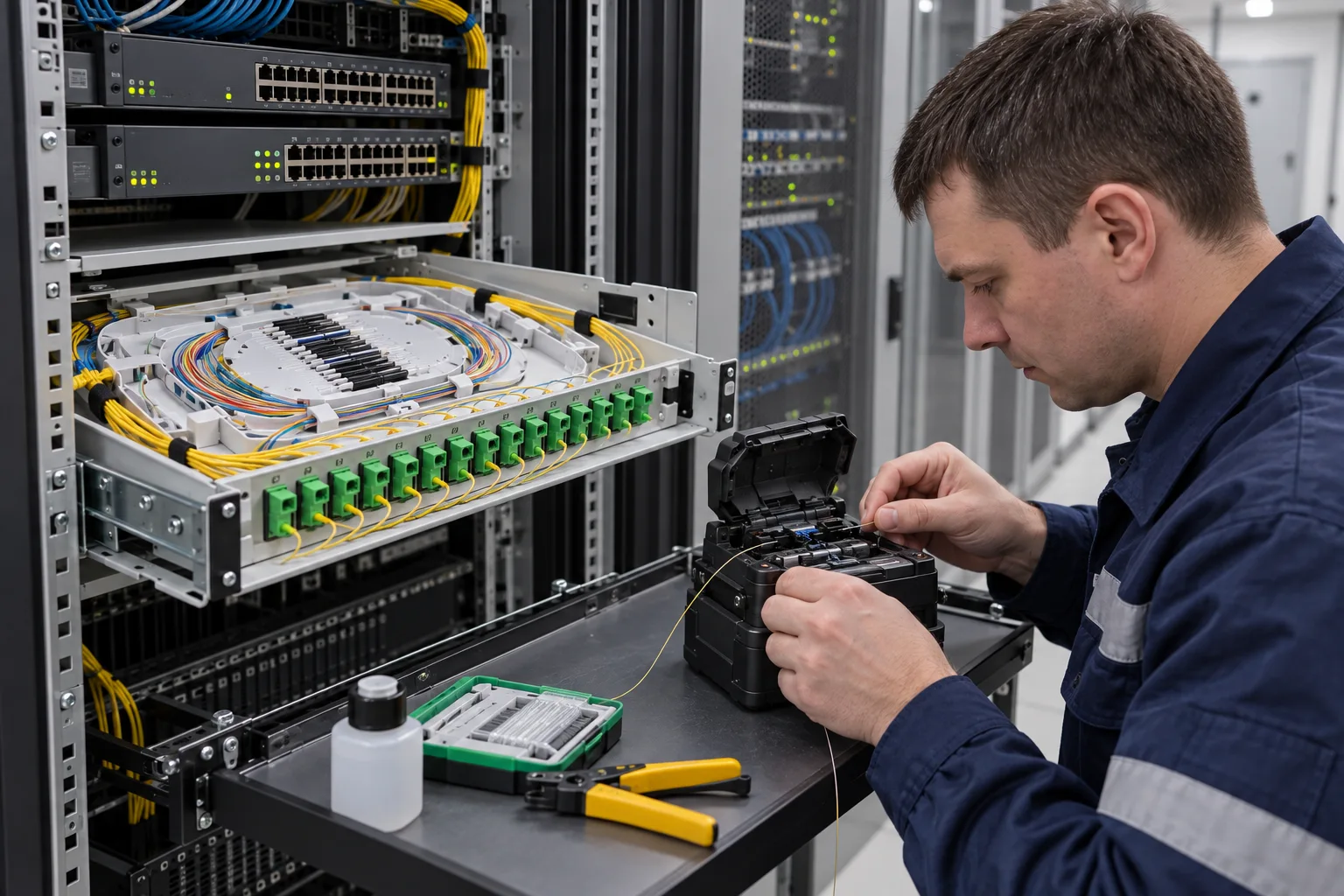 Мастер сваривает волокна у открытого оптического кросса
